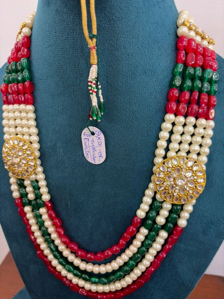 Red Green White Pearl Necklace with Pendant double side