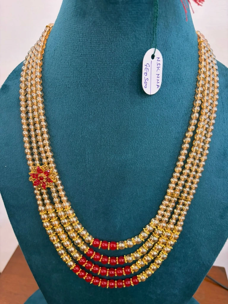 Golden glass beads fancy necklace with red beads for party wear and groom