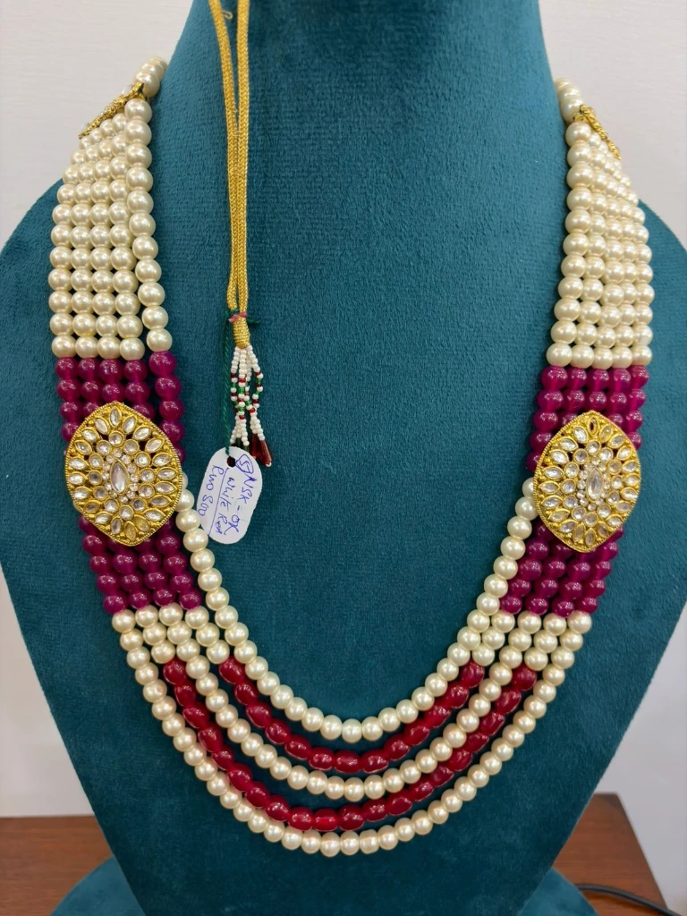 Heavy necklace with white moti and red beads with double pendant for sherwani and party wear