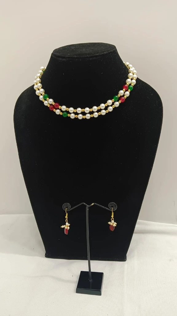 Double line wearable Pearl Mala With Red Green And White pearls