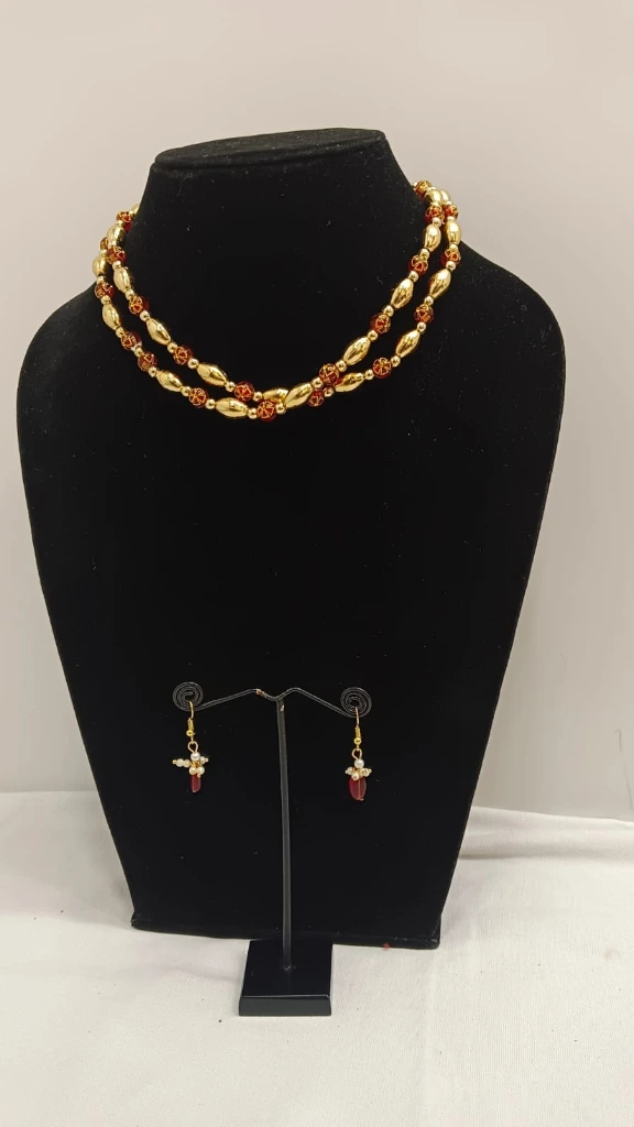 Golden Fancy Necklace Doube line Wearable for Party with Fancy Red Balls