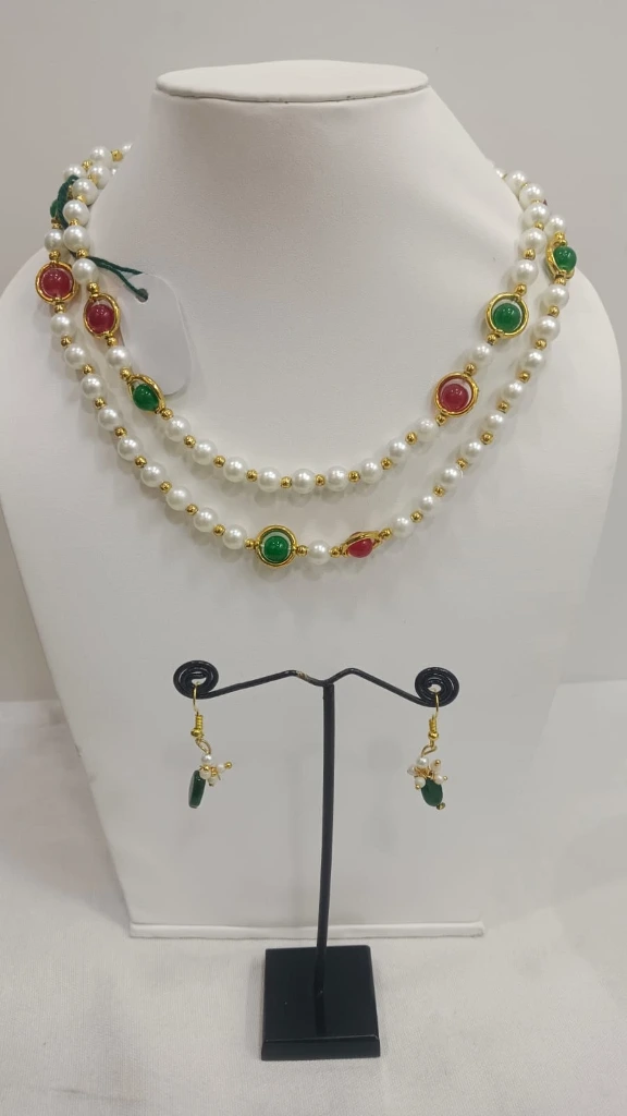 White Pearls with Red and Green Necklaces